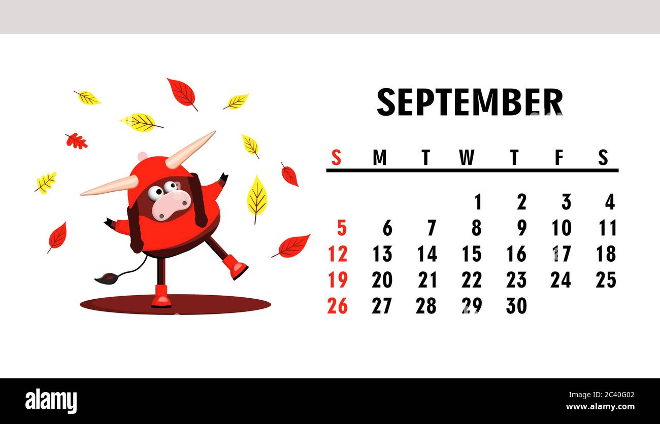 Septembre 21 Calendrier Horizontal Avec Taureaux Ou Boeufs Caractere Ox Image Vectorielle Stock Alamy