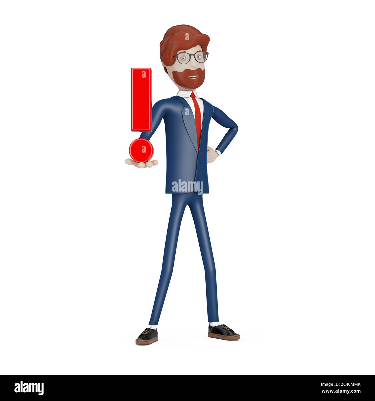 Homme D Affaires De Personnage De Dessin Anime Avec Point D Exclamation Rouge A La Main Sur Un Fond Blanc Rendu 3d Photo Stock Alamy