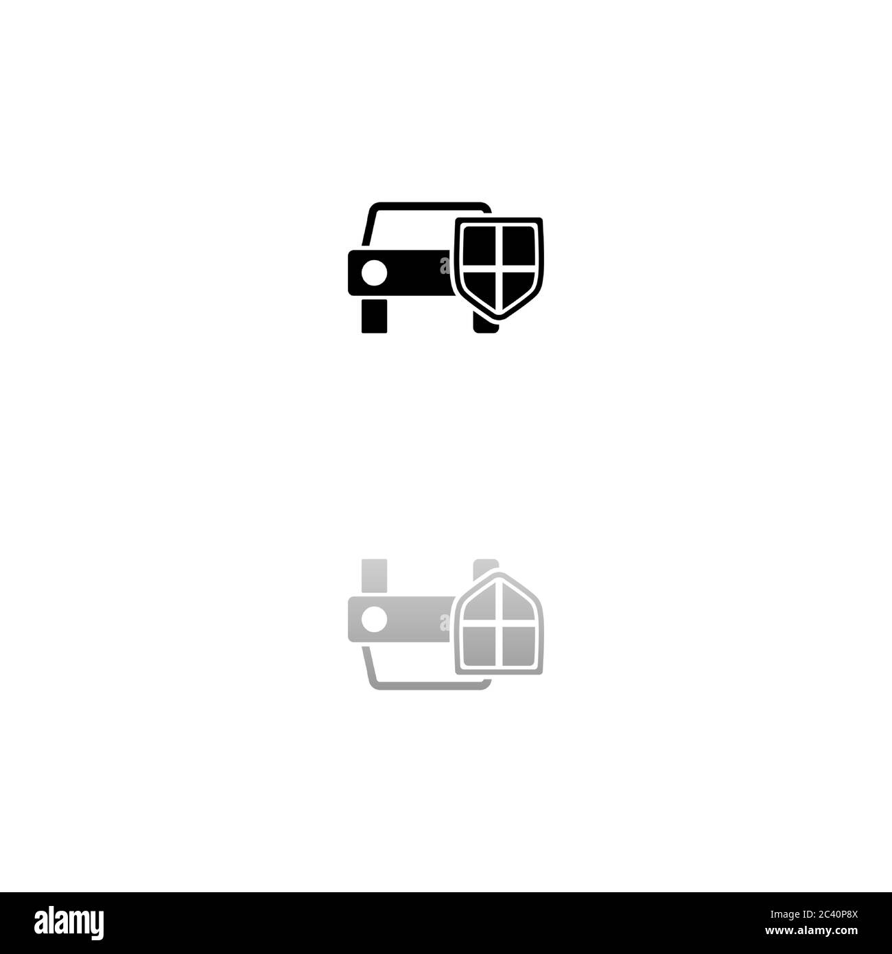 Assurance automobile. Symbole noir sur fond blanc. Illustration simple. Icône vecteur plat. Ombre de réflexion miroir. Peut être utilisé dans le logo, le Web, le mobile et Illustration de Vecteur