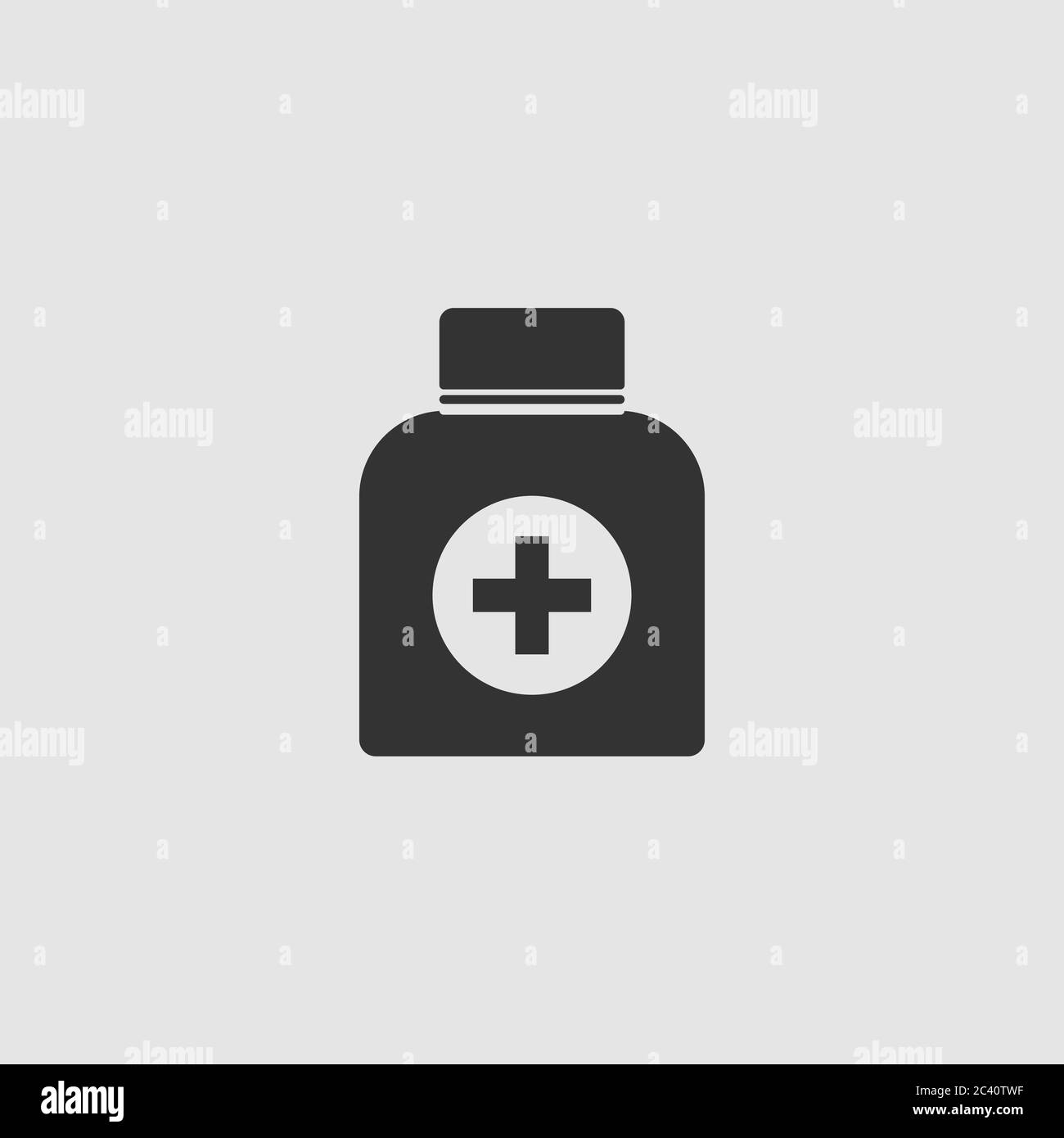 Icône de bouteille de médicament plat. Pictogramme noir sur fond gris. Symbole d'illustration vectorielle Illustration de Vecteur