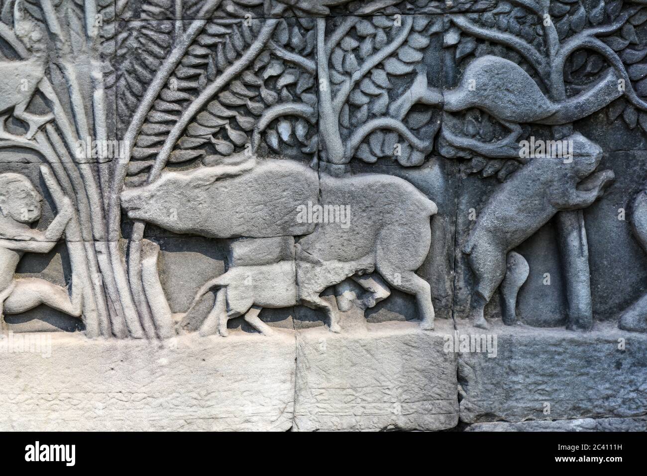 Détail des sculptures de bas relief d'un cochon qui suce son porcelet sur les murs du complexe du temple d'Angkor Thom, Siem Reap, Cambodge, Asie Banque D'Images
