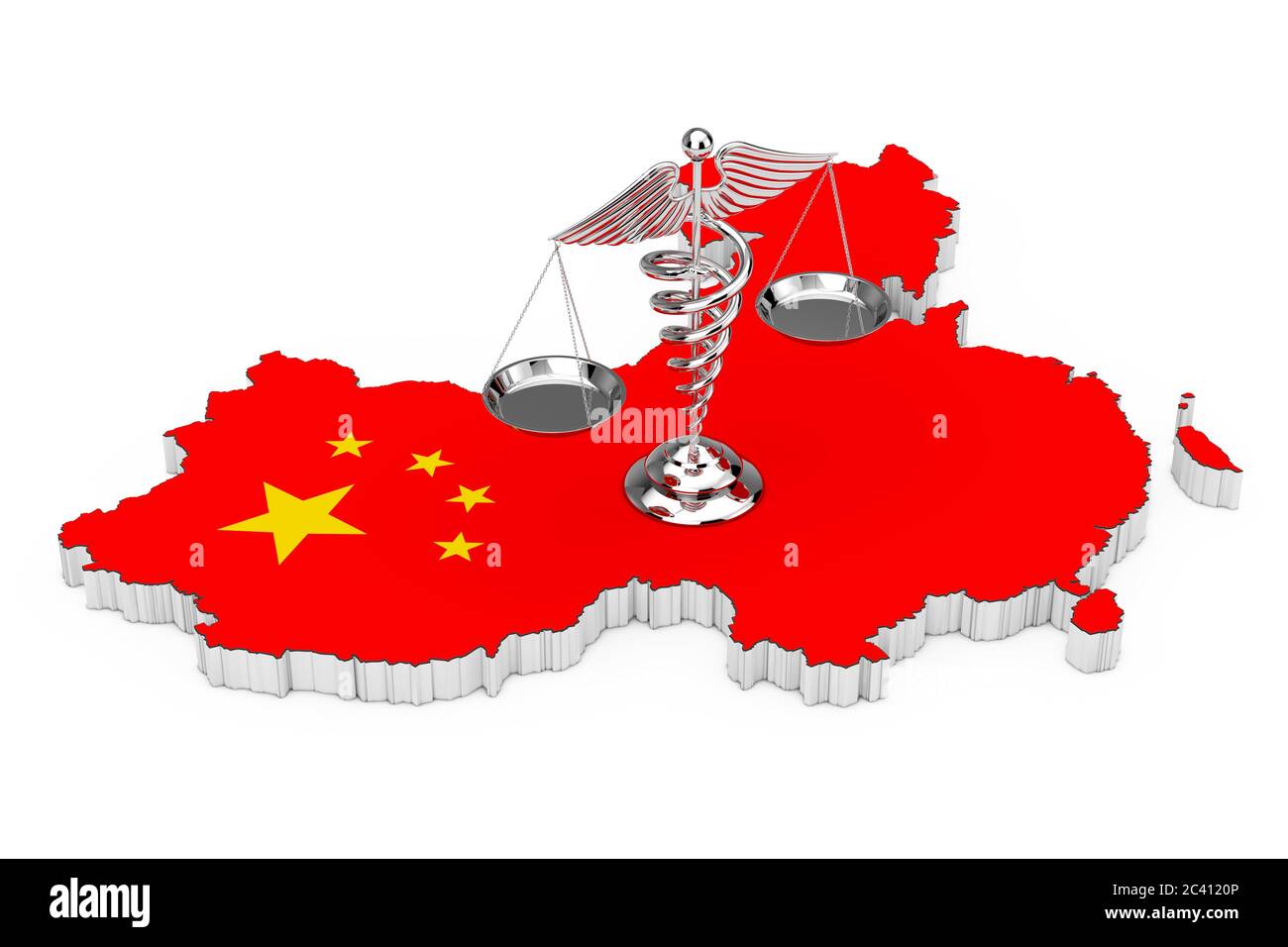 Symbole de caduceus médical comme balance sur la carte de Chine et drapeau sur un fond blanc. Rendu 3d Banque D'Images