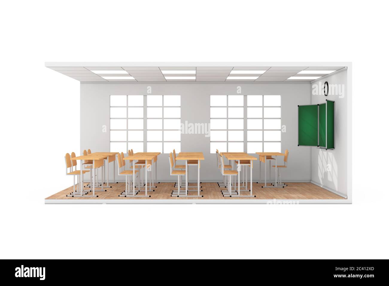 École salle de classe intérieur avec grande fenêtre, bureaux d'école, chaises, tableau noir et parquet sur fond blanc. Rendu 3d Banque D'Images