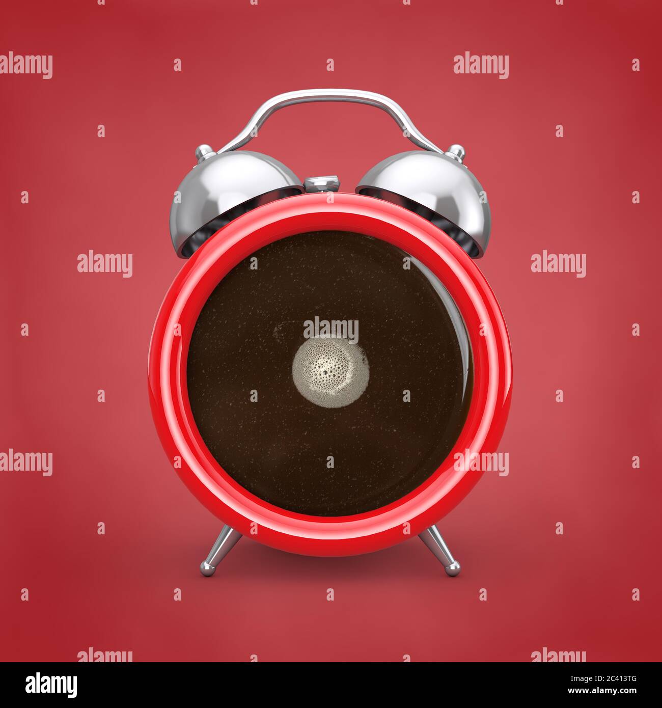 Concept pause café. Tasse à café comme réveil sur fond rouge. Rendu 3d Banque D'Images