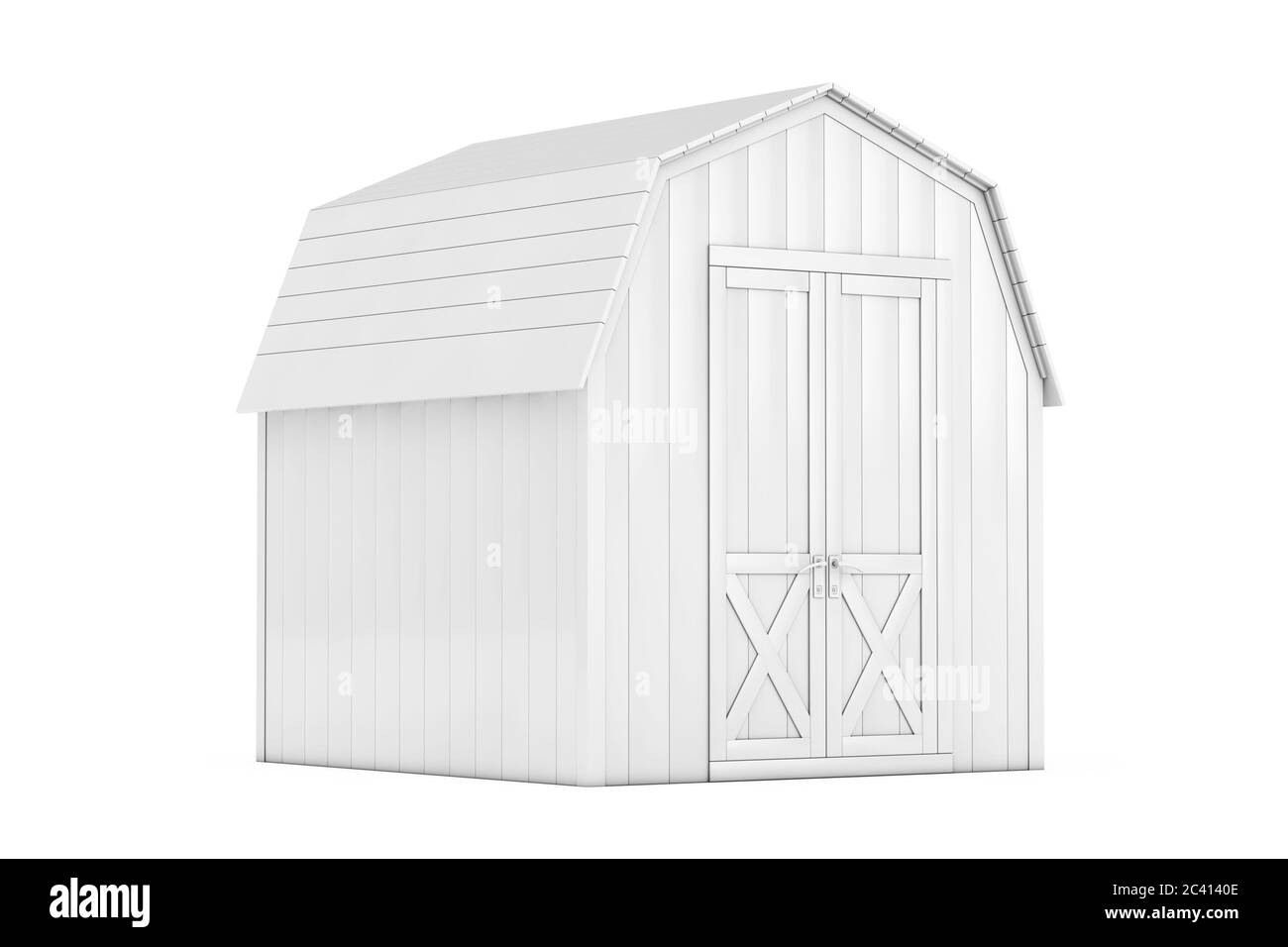 Blanc Bois petite maison cabine de rangement Shed pour les outils de jardin en argile sur un fond blanc. Rendu 3d Banque D'Images