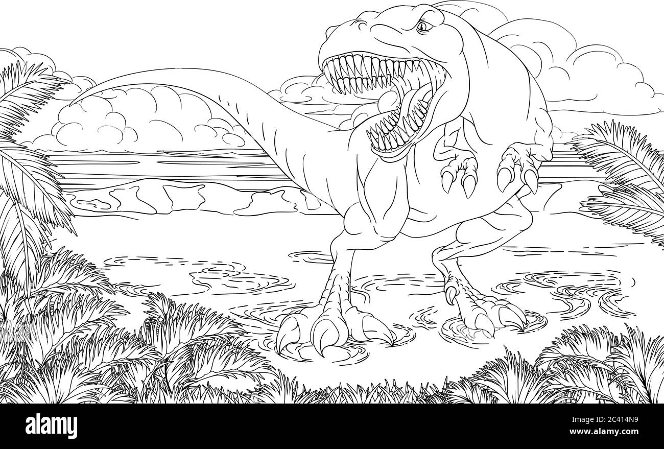 Page de livre de coloriage de dessin animé de dinosaures T. Rex Illustration de Vecteur