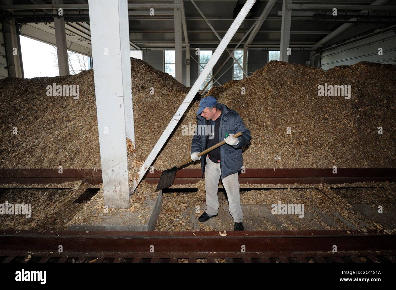Un travailleur charge une puce de bois avec une pelle sur un convoyeur pour une chaudière Banque D'Images