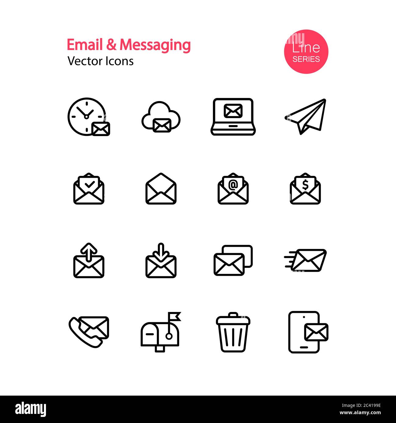 Icône de ligne de messagerie et de messagerie définie. Réseaux sociaux, chat en ligne, application Messenger, mobile, smartphone, newsletter, spam, boîte aux lettres, carnet d'adresses. Vecteur activé Illustration de Vecteur