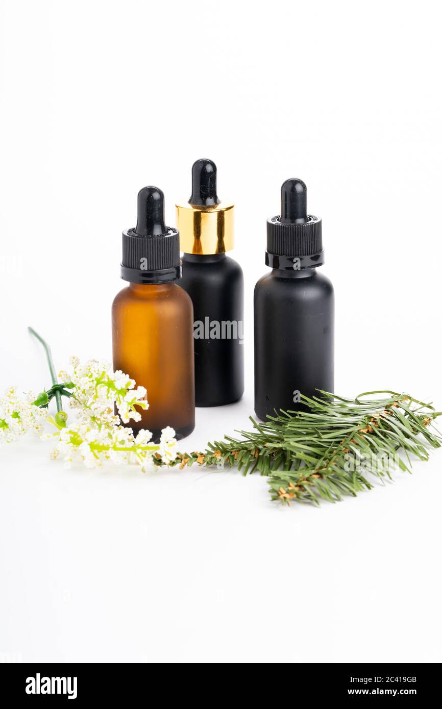 Concept de cosmétiques naturels. Flacons cosmétiques avec plantes isolées sur blanc Banque D'Images