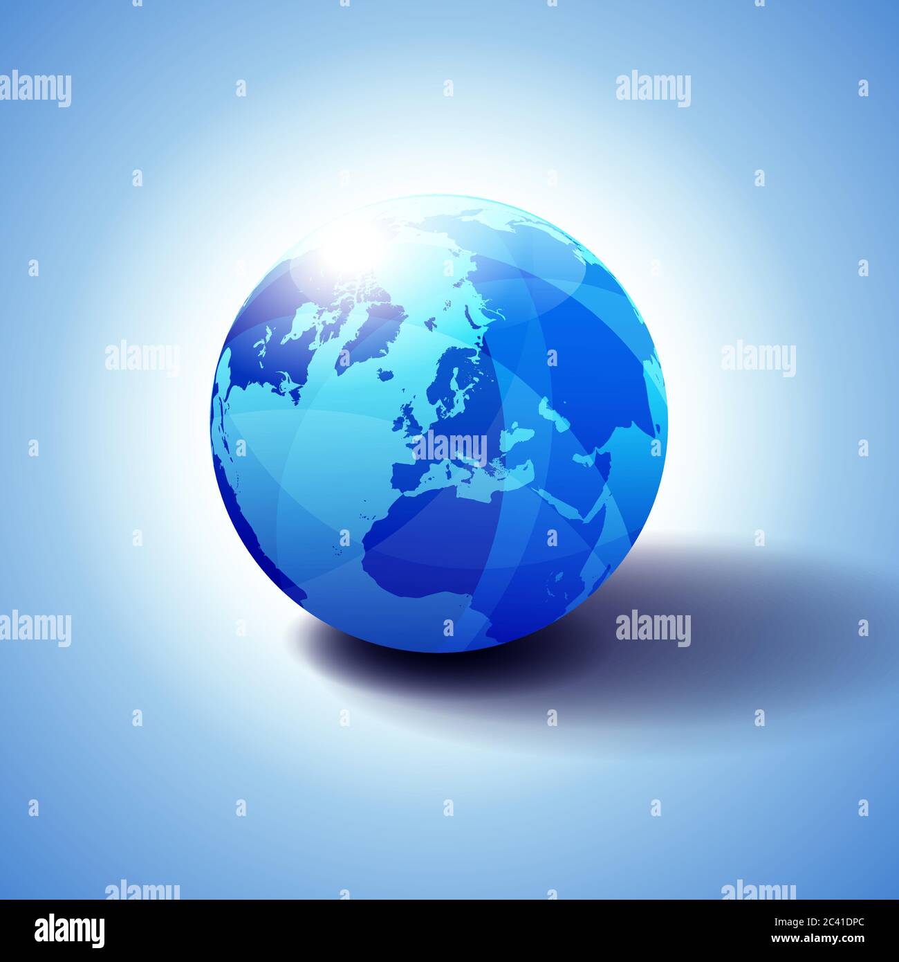 Pôle Nord, Europe Haut du monde mondial, Globe Icon illustration 3D, sphère brillante, brillante avec carte globale en bleu subtil donnant une transparence Illustration de Vecteur