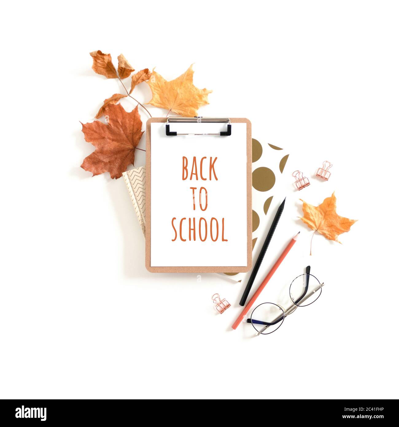 Citation Rentree Scolaire Presse Papiers Avec Cadre En Feuilles D Erable Seches Et Papeterie Sur Fond Blanc Photo Stock Alamy