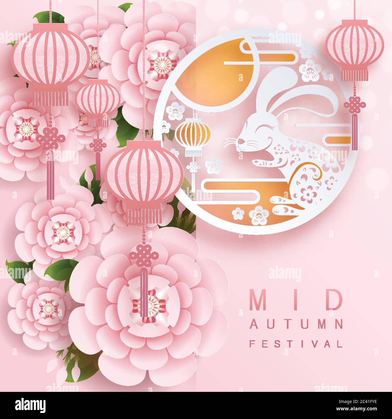 Fête de la mi-automne ou festival de la Lune avec lapin et lune, gâteau de lune, fleur, lanternes chinoises avec papier doré coupé style sur couleur arrière-plan. Illustration de Vecteur