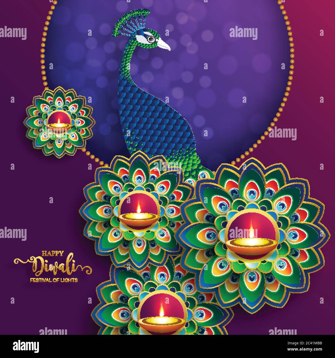 Diwali, Deepavali ou Dipavali le festival des lumières de l'inde avec l'or diya à motifs et des cristaux sur papier couleur fond. Illustration de Vecteur