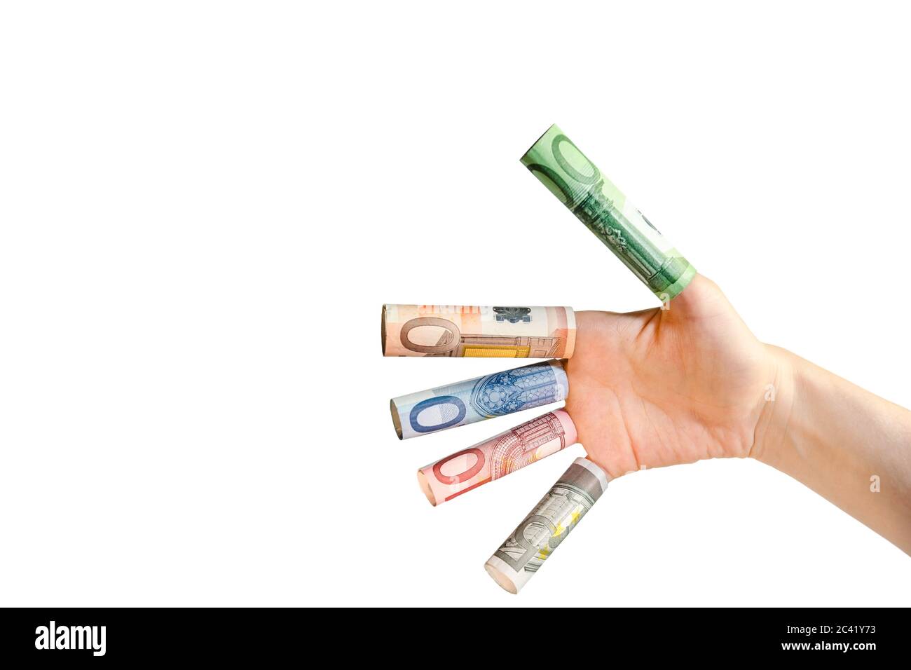 Main féminine avec des factures d'euros sur les doigts Banque D'Images