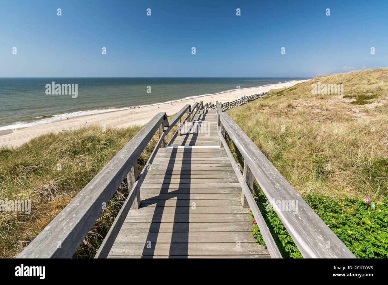 Pont de pied en bois dans un paysage de dunes près de l'océan sur l'île de Sylt en Allemagne du Nord Banque D'Images