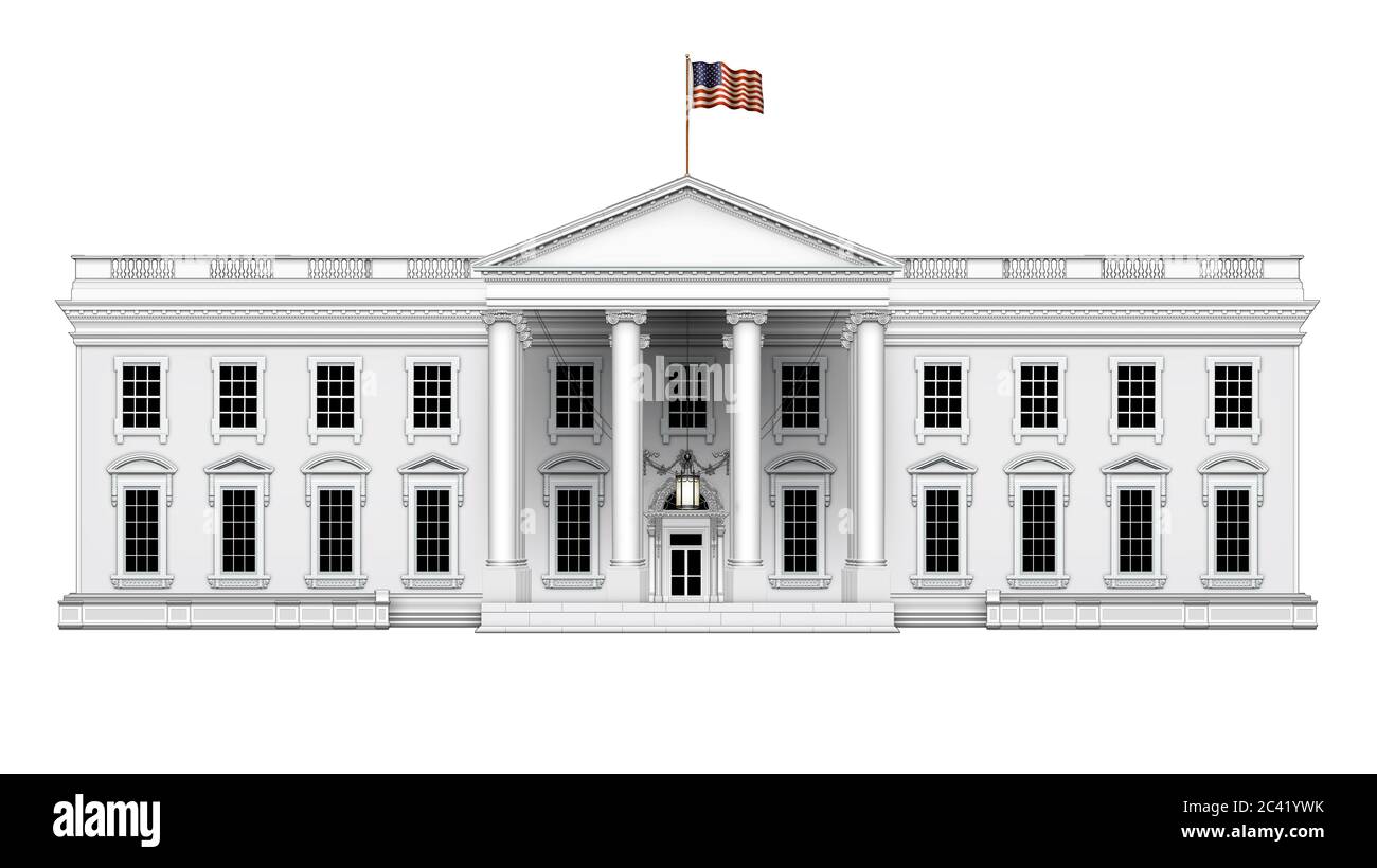 Vue nord simple de la Maison Blanche, avec drapeau américain agitant au-dessus, y compris porche avant avec lampe de suspension; isolé. Illustration 3D Banque D'Images