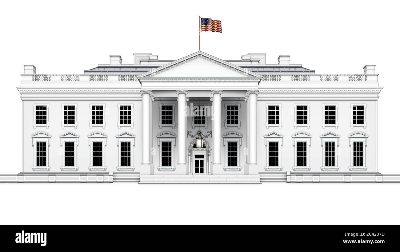Vue nord de la Maison Blanche, avec drapeau américain agitant au-dessus, y compris porche avant avec lampe de suspension; isolé. Illustration 3D Banque D'Images