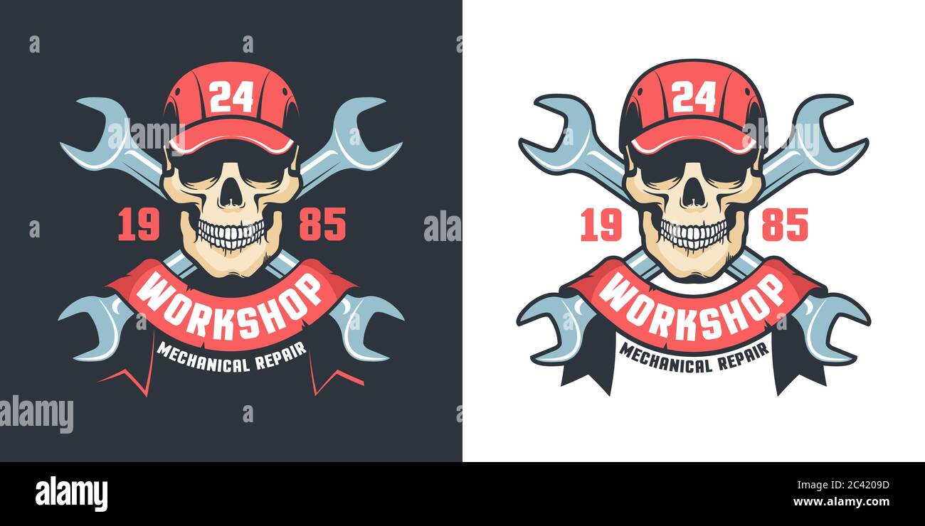 Réparation de voiture de service emblème vintage - crâne et clé réglable Illustration de Vecteur