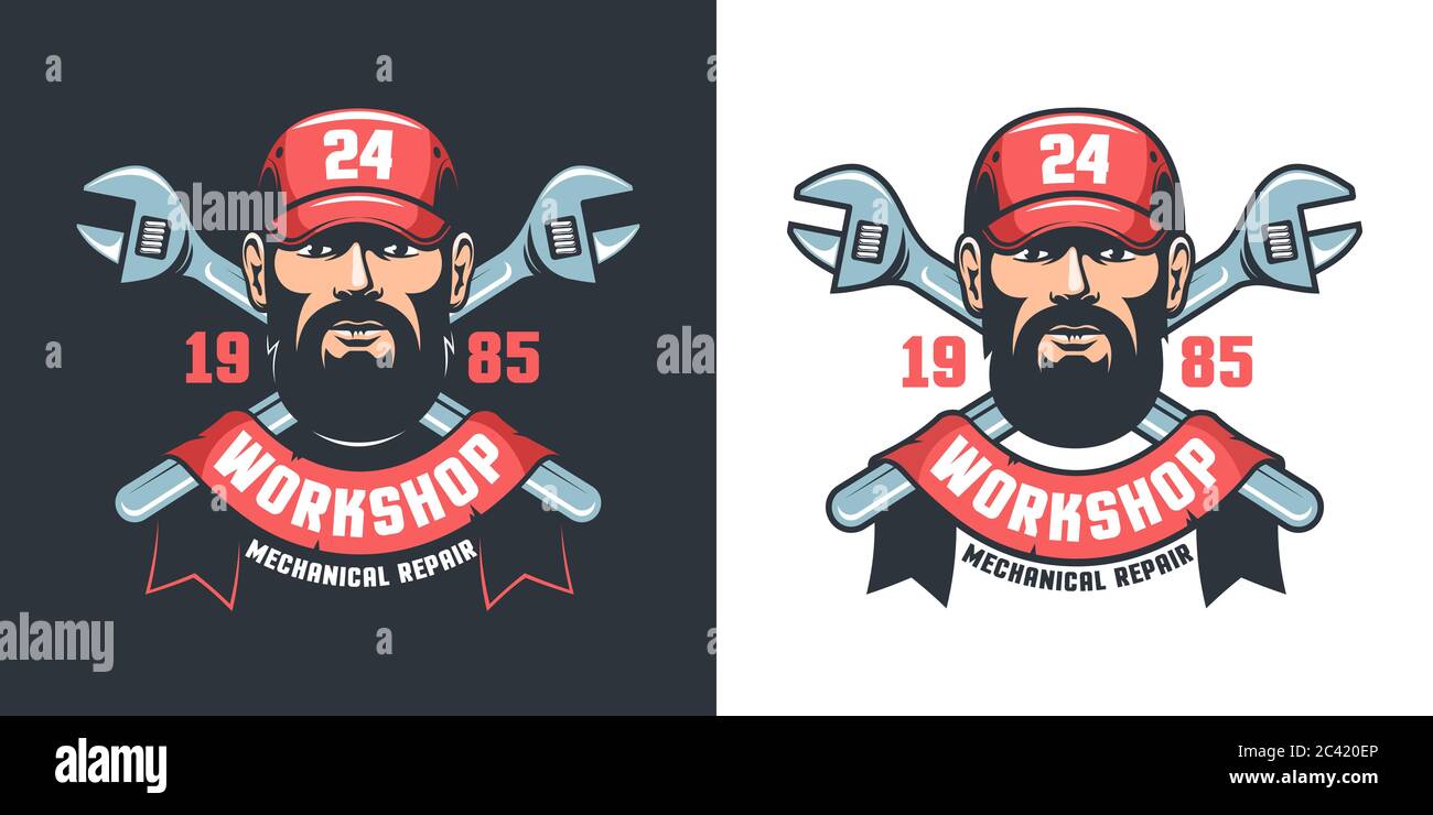 Emblème rétro d'atelier mécanique - clé à main et clé réglable Illustration de Vecteur