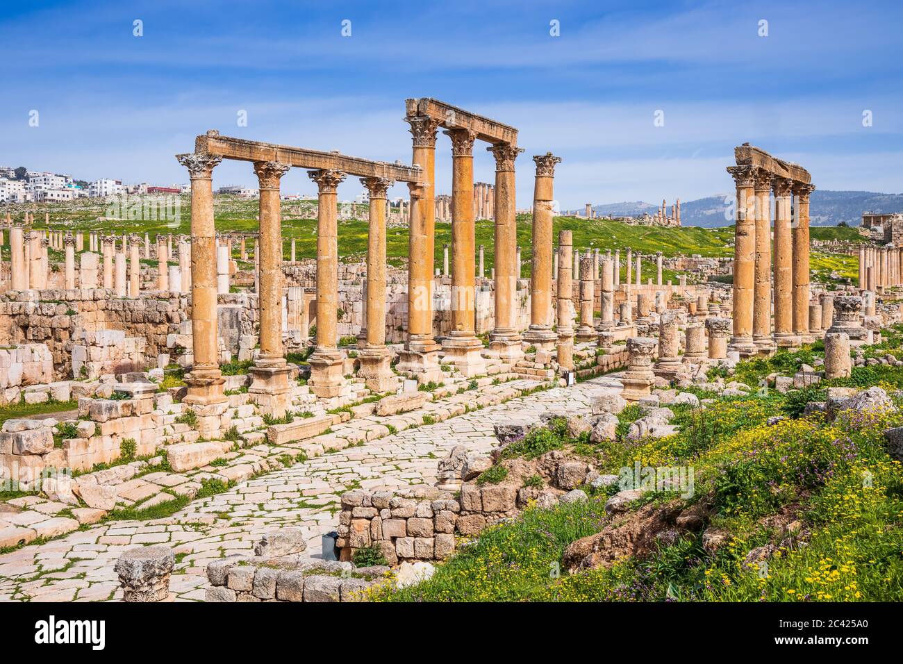 Jerash, Jordanie. Rue de colonnaded à l'intérieur de la ville antique. Banque D'Images