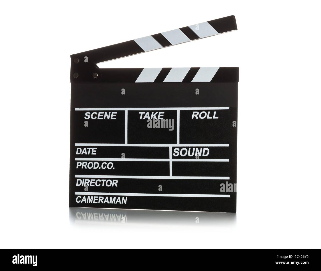 Film simple, noir, clapper ou clapper sur fond blanc Banque D'Images