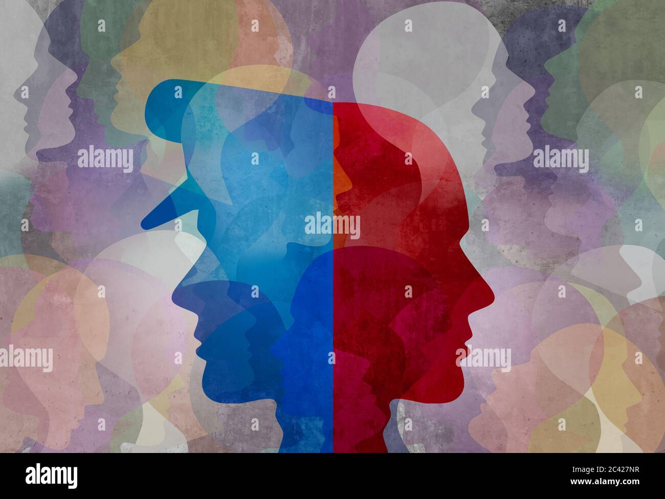 Police communautaire et confiance sociale comme application de la loi avec la police et une société diversifiée comme policier ou policier symbole de travail. Banque D'Images