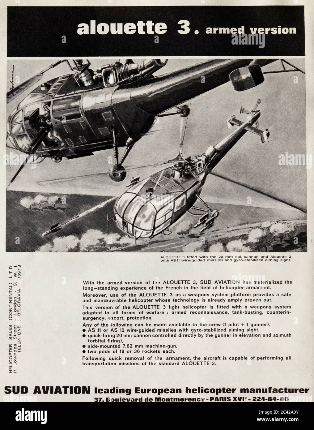 Publicité vintage pour l'hélicoptère Sud Aviation Alouette 3. Banque D'Images
