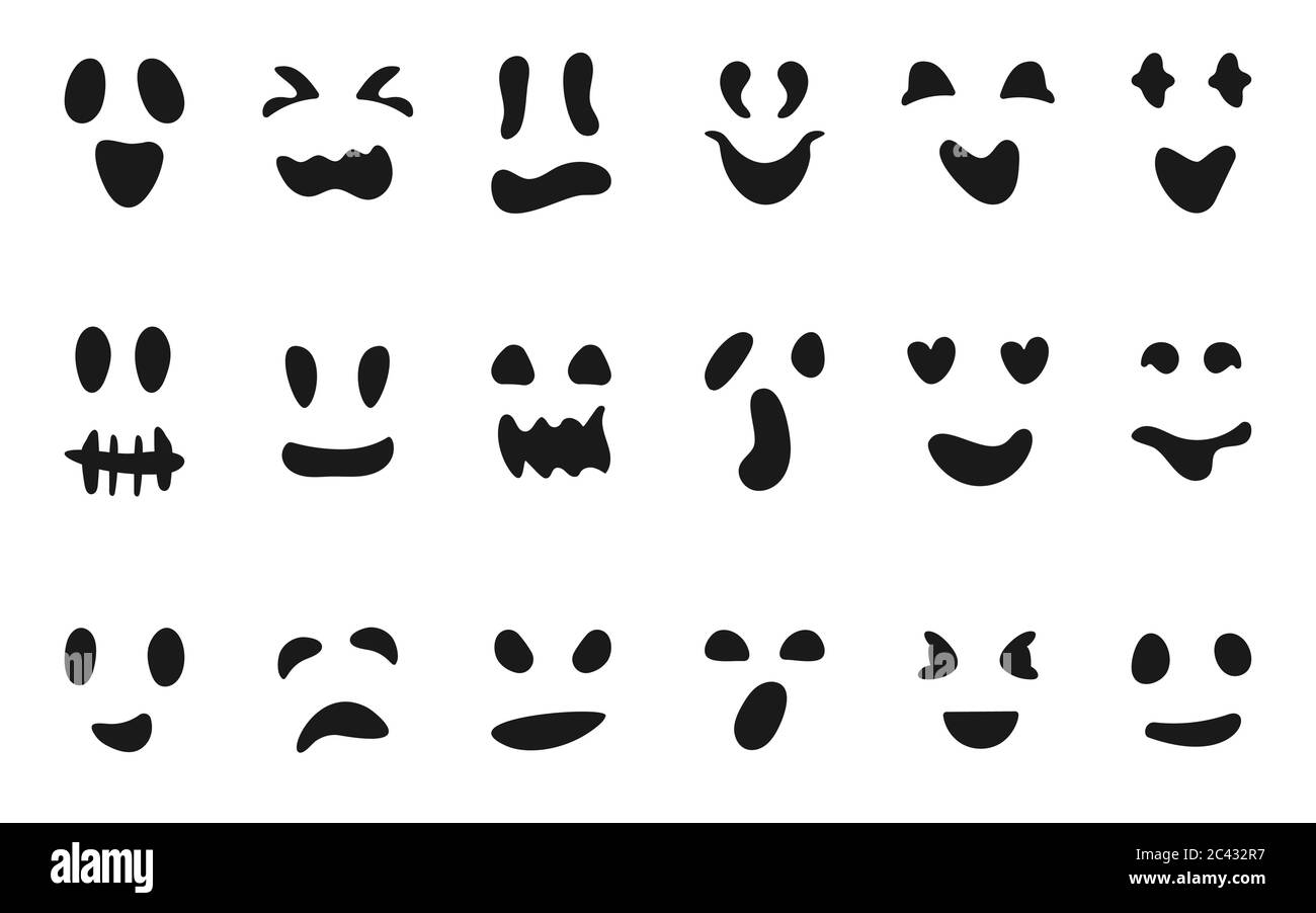Ensemble de silhouettes sculptées fait face à des citrouilles ou à des fantômes. Icônes noires différentes formes yeux bouches. Modèle pour couper le sourire de citrouille. Décor créepy drôle mignon Halloween masques monstres. Illustration vectorielle Illustration de Vecteur