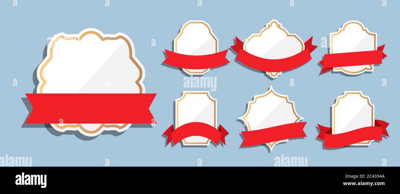 Étiquettes blanches cadre or avec rubans rouges rétro ensemble vintage. Bordure vide de forme différente pour le BEST-seller, prix de vente. Modèle pour bannière de texte. Autocollant élégance. Isolé sur l'illustration vectorielle bleue Illustration de Vecteur