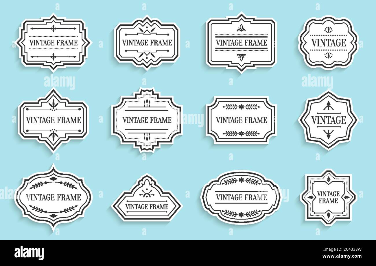 Ensemble rétro de étiquettes blanches format papier avec ombre. Forme différente bordure vide étiquette menu prix de vente avec éléments décoratifs. Modèle d'emballage pour bannière textuelle, autocollant. Illustration vectorielle isolée Illustration de Vecteur