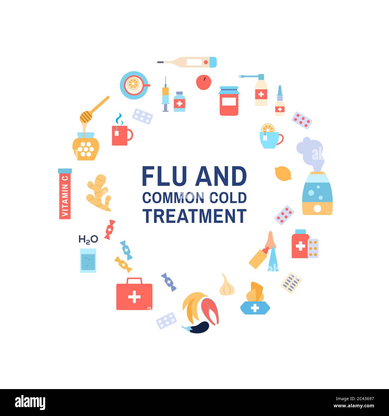 Concept de traitement de la grippe froide. Cercle cadre lingettes désinfectantes, médicaments, médicaments, remèdes naturels citron gingembre miel, irrigation nasale, vitamine C, healt Illustration de Vecteur