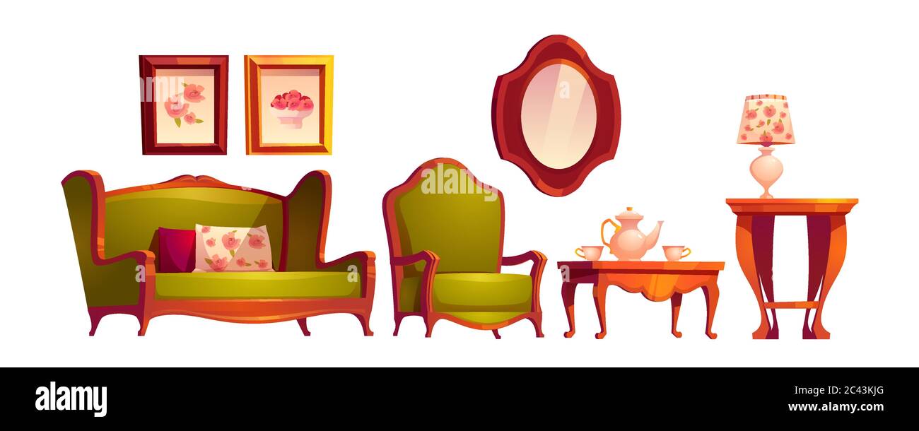 Intérieur de salon de style victorien classique avec canapé, fauteuil, miroir et table basse. Ensemble de dessins animés vectoriels de mobilier en bois vintage pour le salon ancien avec thé sur table et tableaux Illustration de Vecteur