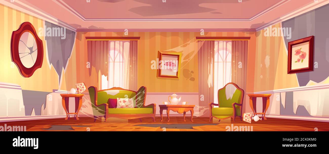 Vieux salon victorien sale avec des meubles cassés. Illustration vectorielle de l'intérieur de la maison vide abandonné avec un canapé et un mur désordonnés, des rideaux déchirés, miroir écrasé et plancher en bois cassé Illustration de Vecteur