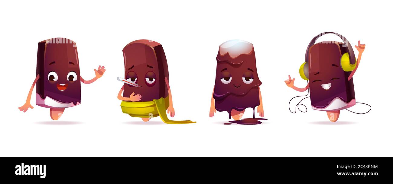 Adorable personnage de glace dans différentes poses. Scénario de chat de dessin animé bot, drôle de chocolat popsicle vagues main, se sent malade, fond et écouter de la musique dans les écouteurs Illustration de Vecteur