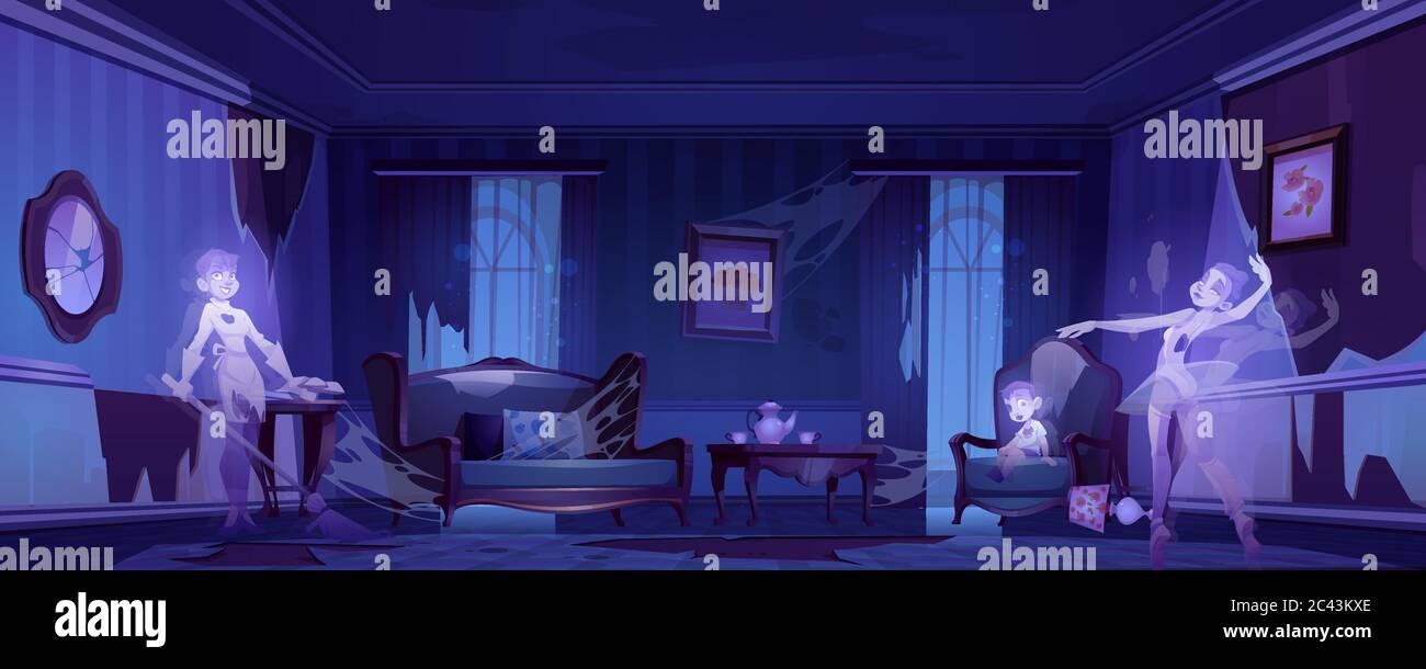 Fantômes dans le vieux salon abandonné avec des meubles cassés la nuit. Illustration de dessin animé vecteur effrayante avec des âmes de femmes mortes et d'enfant dans un intérieur sombre désordonné. Arrière-plan effrayant pour Halloween Illustration de Vecteur