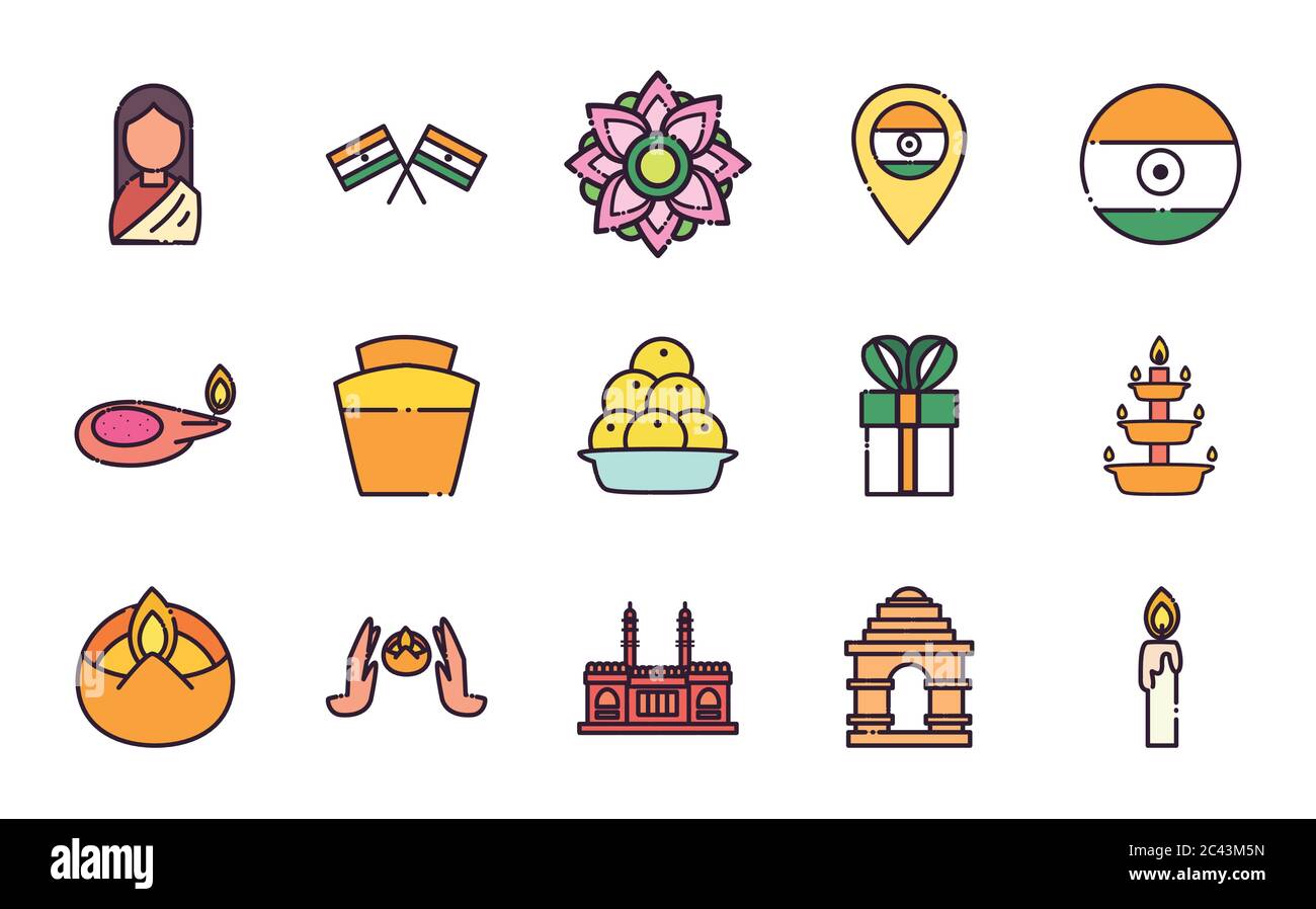 Style indien Fill Icon Set design, Culture Voyage inde pays asie tourisme national et religion thème illustration vectorielle Illustration de Vecteur