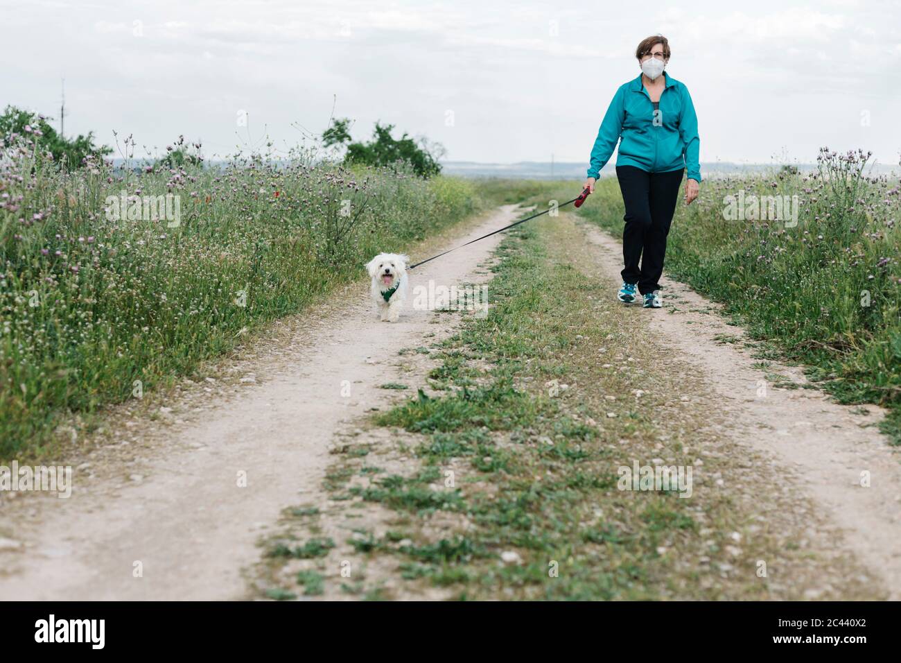 Femme âgée avec masque de protection allant des walkies avec son chien sur la piste de terre Banque D'Images