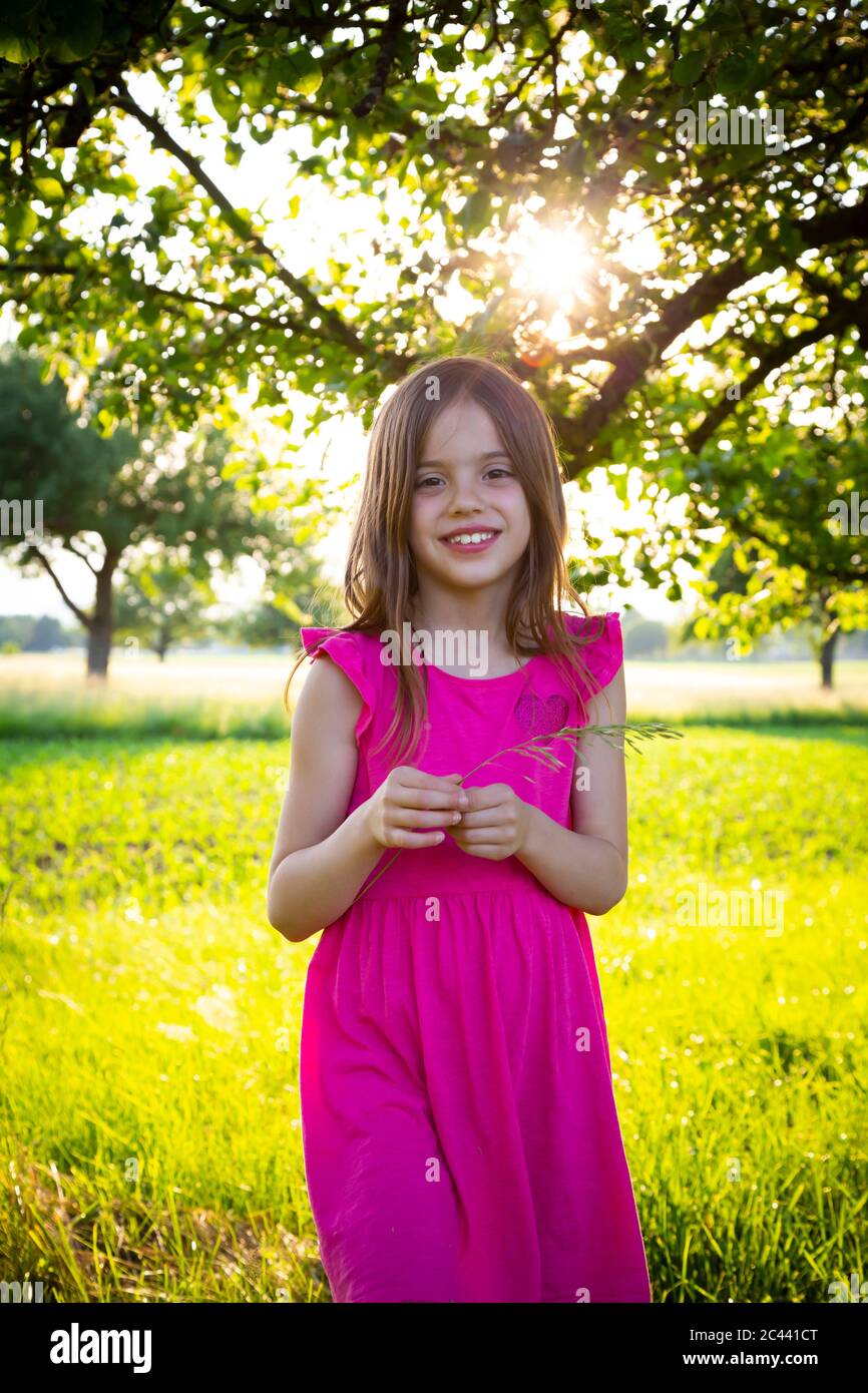 Portrait of little girl wearing vibrant robe rose smiling at camera avec brin d'herbe dans les mains Banque D'Images