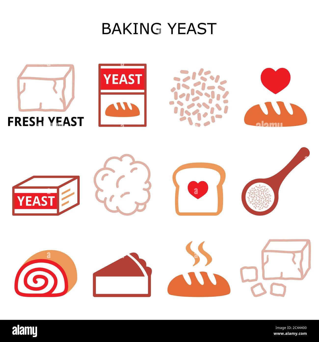 Ensemble de symboles de couleur vectoriels de levure de cuisson - idée de pain et de gâteaux de boulangerie, pâte de levure, bière et production de vin Illustration de Vecteur