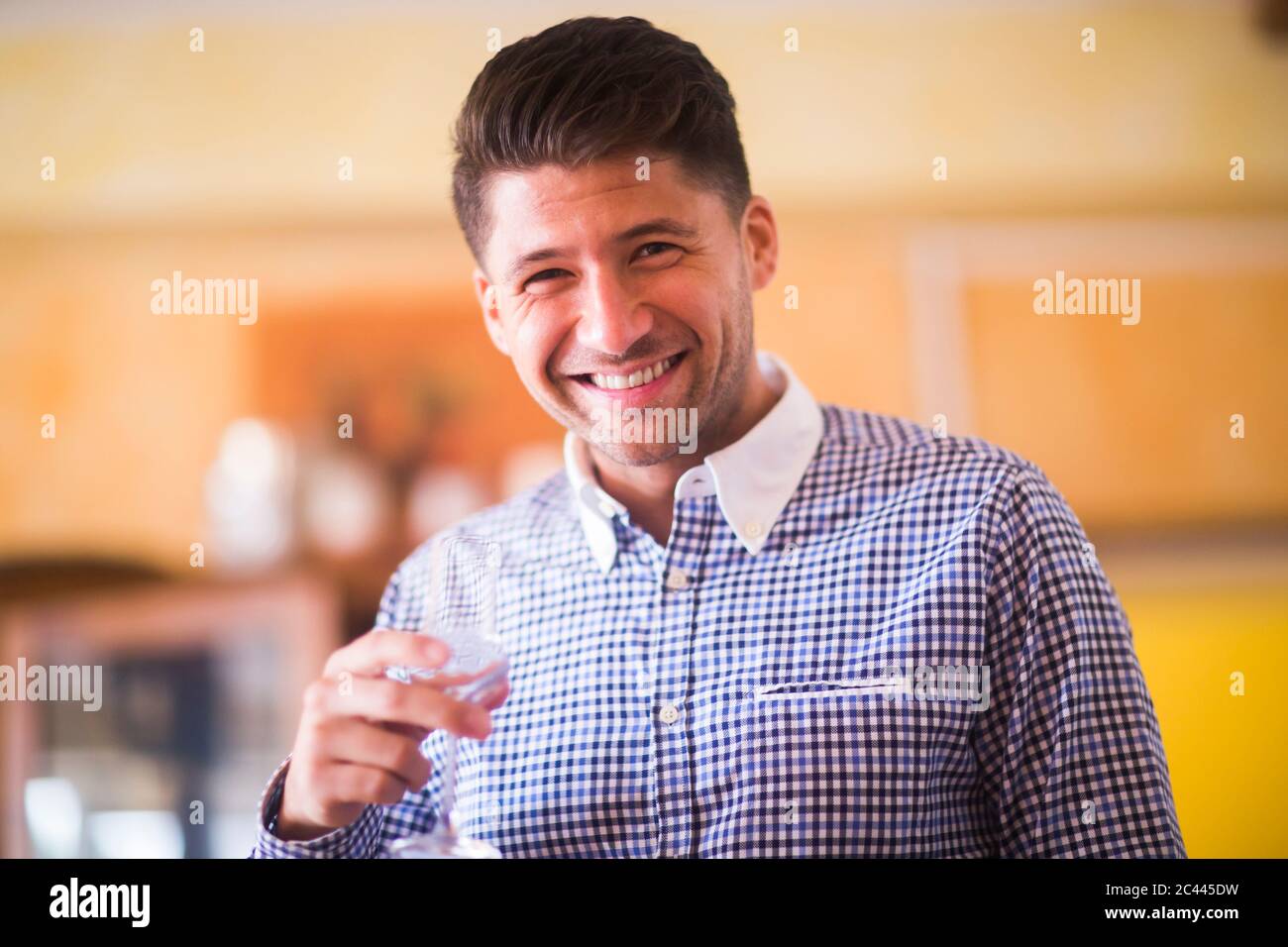Allemagne, Hanovre, Basse-Saxe, Portrait of handsome man smiling at camera avec un verre de vin dans la main Banque D'Images