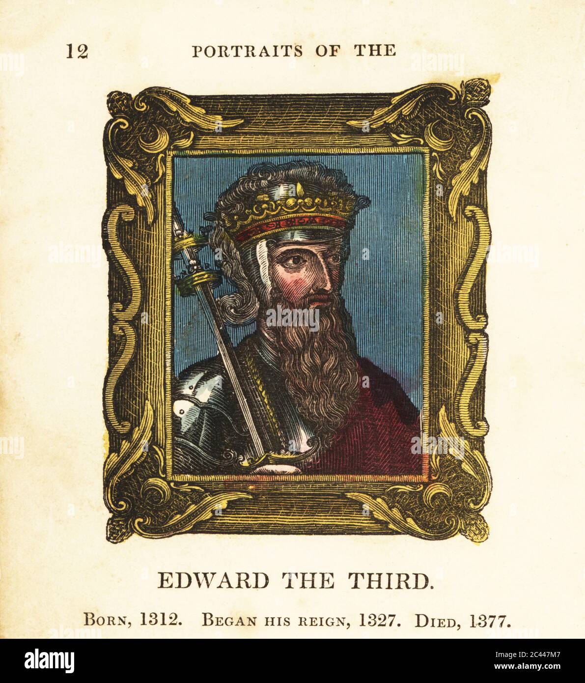 Portrait du roi Edward le troisième, le roi Edward III d'Angleterre, né en 1312, a commencé le règne 1327 et est mort en 1377. En couronne sur casque, cape sur la combinaison de la plaque d'armure, tenant un sceptre dans le cadre orné. Gravure faite à la main par Cosmo Armstrong de Portraits et personnages des rois d'Angleterre, de William le Conquérant à George le troisième, John Harris, Londres, 1830. Banque D'Images