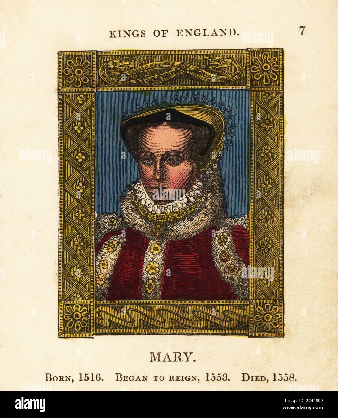 Portrait de la reine Marie d'Angleterre, de la reine Marie d'Écosse, de la reine Bloody Marie, née en 1516, a commencé le règne 1553 et est morte en 1558. En voile, collier à revers en dentelle, robe décorée de fourrure et d'or, dans un cadre très orné. Gravure faite à la main par Cosmo Armstrong de Portraits et personnages des rois d'Angleterre, de William le Conquérant à George le troisième, John Harris, Londres, 1830. Banque D'Images