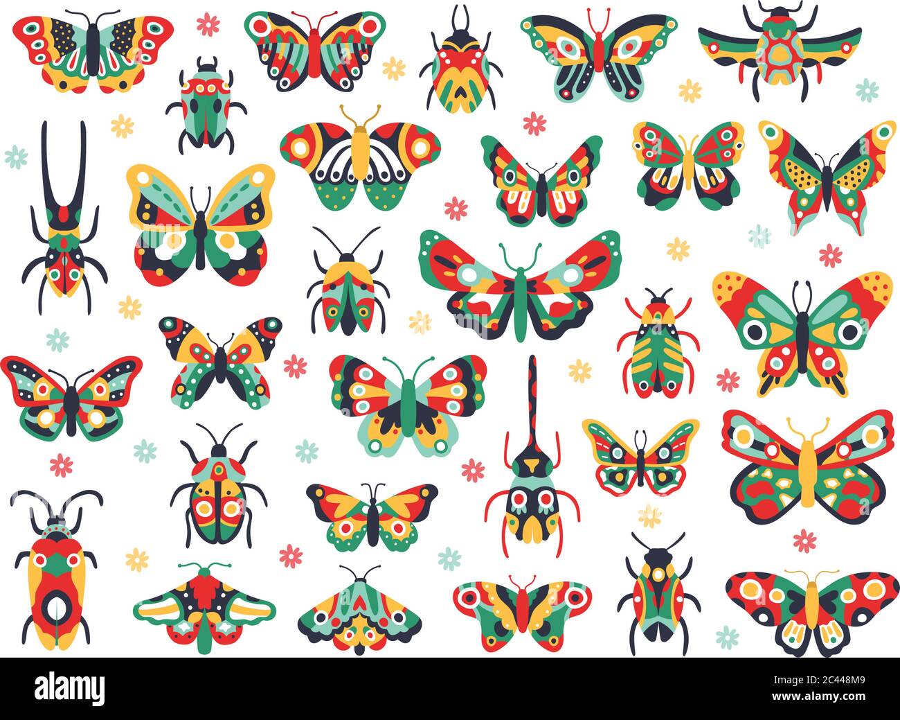 Insectes mignons dessinés à la main. Doodle volant papillon et coléoptère, insectes de printemps colorés. Dessin papillons et bugs illustration vecteur icônes ensemble Illustration de Vecteur