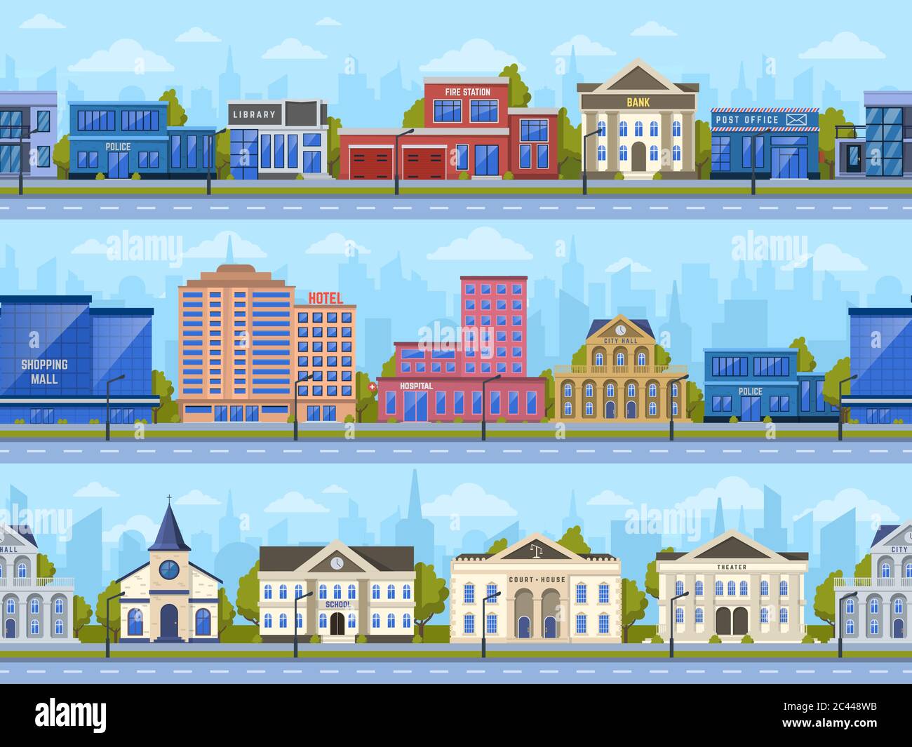 Panorama sur la rue. Ville rues de route paysage urbain, bâtiments de ville, banque, école et centre commercial extérieur vecteur décor illustration ensemble Illustration de Vecteur