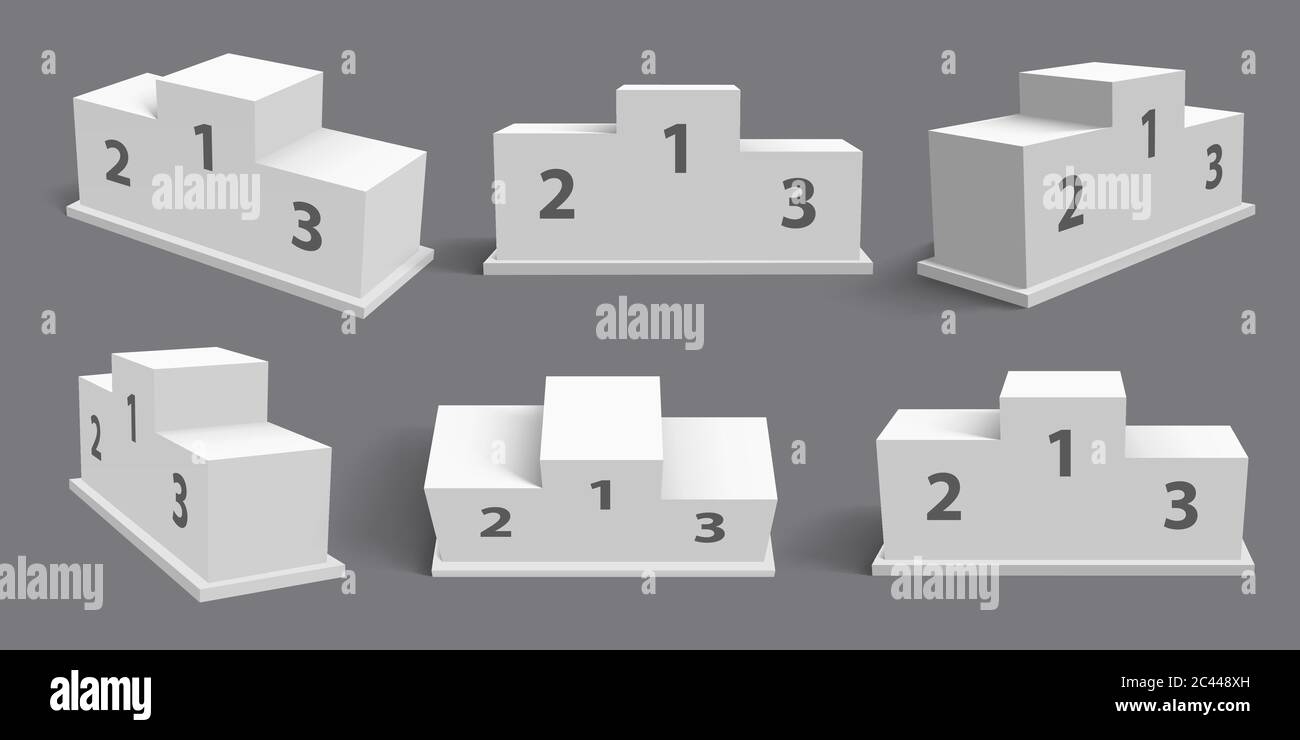 Podium gagnant. Socle de spot réaliste, statif. Premier, deuxième, troisième place récompensant. Jeu d'illustrations vectorielles de maquette de socle des gagnants Illustration de Vecteur
