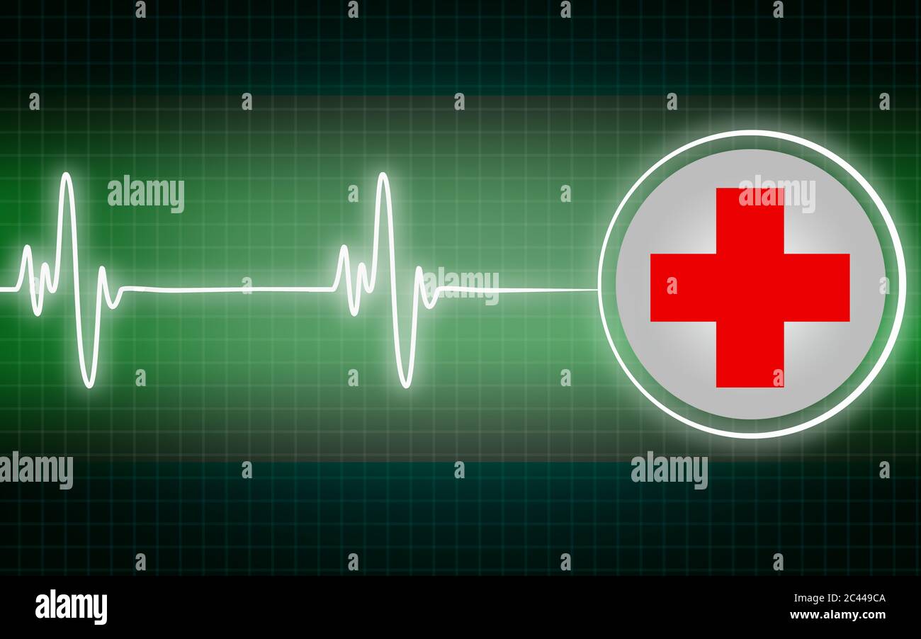 Symbole de croix médicale avec battement de coeur en vert, rendu 3D Banque D'Images