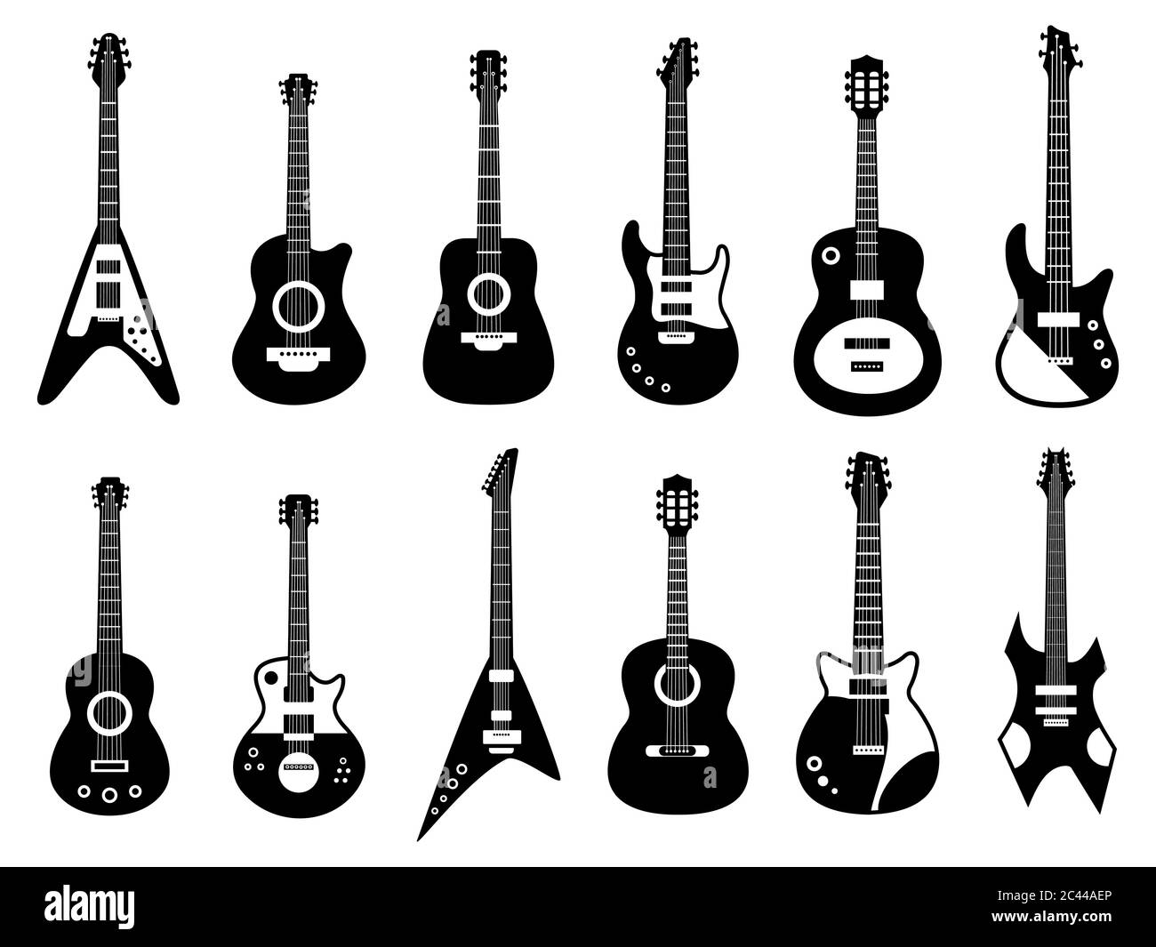 Silhouette de guitares. Instrument de musique électrique et acoustique noir, silhouette de guitare rock jazz, groupe musical guitares scénario icônes ensemble Illustration de Vecteur