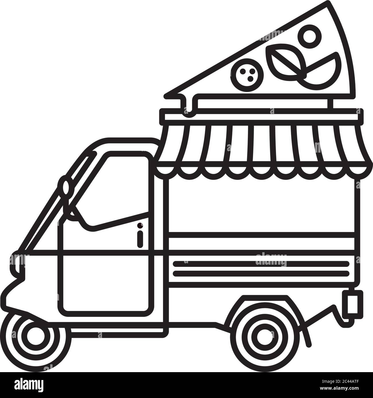 Petite pizza italienne camion tricycle vecteur ligne icône. Symbole de contour des aliments à emporter. Illustration de Vecteur