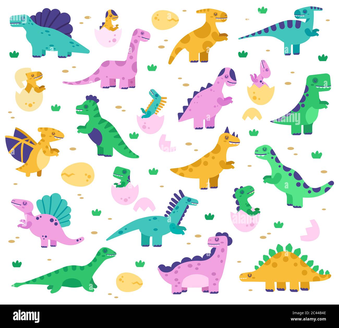 Dinosaures dessinés à la main. Mignon dino bébé dans les oeufs, jurassic era dinosaures personnages, diplodocus et tyrannosaurus vecteur isolé ensemble d'illustration Illustration de Vecteur