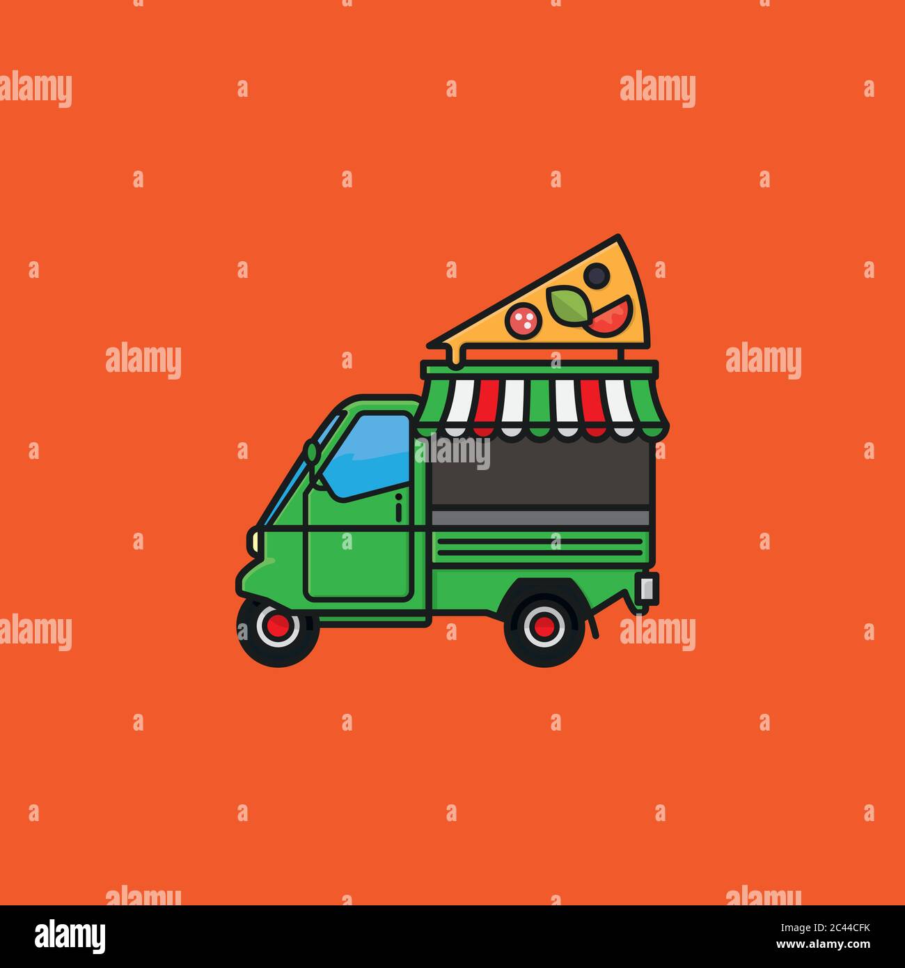 Illustration du vecteur tricycle du petit camion alimentaire italien pour la Journée des camions alimentaires le 26 juin. Symbole des plats à emporter. Illustration de Vecteur